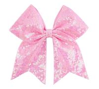 Jumbo Glitter Cheer Bow Clip - 7 Inch Large Cheerleading Sequin Hair Bow with Tails for Girls Teen Softball Cheerleader Outfit Uniform (Light Pink)