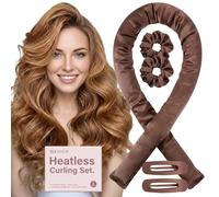 Jumbo Heatless Curlers - SilkAmor Satin Curling Rod Set, Extra Large Brown Heatless Curler for Long & Thick Hair, Comfortable Overnight Curls Band for Volume Waves, 5 Piece Kit With Hair Ties Clips