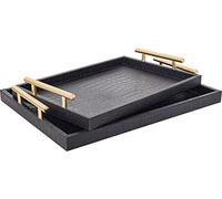 JUMBO HUMBLE Modern Elegant Large Wood Serving Tray, Set of 2 Black Crocodile Leather with Gold Polished Metal Handles, Home Decorative Rectangle Ottoman Decor Platter Living Room Bathroom Vanity Tray