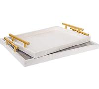 JUMBO HUMBLE Modern Elegant Large Wood Serving Tray, Set of 2 Pearl White Crocodile Leather with Gold Polished Metal Handles, Home Decorative Rectangle Ottoman Platter Living Room Bathroom Vanity Tray