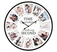 JUMBO HUMBLE Personalized 12 Photo Collage Rustic Farmhouse Wood Wall Clock, 25 Inch Extra Large with Whitewashed Wood Frame for Home,Kitchen,Living Room, Non-Ticking Silent Battery Operated