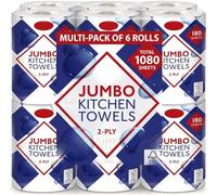 Jumbo Kitchen Towels, 2-Ply, White, 180 Sheets per Roll, 6 Roll Multi-Pack, 1080 Sheets Total, High Absorbency