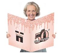 Jumbo Rose Gold 50th Birthday Card with Envelope, Giant Birthday Party Greeting Card, Extra Large Guest Book Message Greeting Cards,Big Birthday Gifts Card for Women Men,Happy Birthday Party