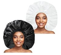 Jumbo Shower Caps 2-Pack - Extra Large Waterproof Bath Caps for Long/Thick Hair, Reusable Super Size Hair Protectors for Curly Hair, Locs & Braids (Black + White)