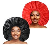 Jumbo Size Shower Cap 2 PCS Waterproof Shower Caps for Women, Extra Large Shower Cap, Reusable Super Large Bath Caps Hair Cap for Long Thick Curly Hair, Locs, Twist Braids - Black+Red