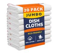 Jumbo Ultra Absorbent Dish Cloths for Washing Up - 20 Pack Quick Dry Tea Towels, Reusable 100% Cotton Doubled Layer Odor Free Kitchen Cleaning Cloths for Dishes & Surfaces (52x38cm)