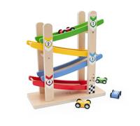 Jumini Retro Scandi Ramp Racer Click Clack Track with 4 Wooden Cars - UK Design, Non-Toxic paint, sustainably sourced wood, Educational Toy for Toddlers