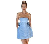 JUMISEE Embroidery Satin Homecoming Dress with Bow Modest Strapless Mini Dresses A Line Short Prom Dress Party Gown, Blue, S