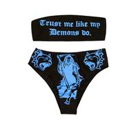 JUMISEE Women Skull Letter Pattern Goth Bikini Set 2 Piece High Waist Bandeau Swimsuit, Black With Blue Letter Print, Medium