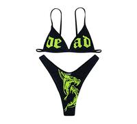 JUMISEE Women Skull Letter Pattern Goth Bikini Set 2 Piece High Waist Bandeau Swimsuit, Green, Medium