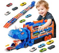 Jumkeet Dinosaur Truck Toys for Kids 3+ Years Old, Swallowing Transport Cars Carrier with Foldable Race Track and 6PCS Mini Alloy Car, Storage Function, Vehicles Sets Gifts for Boys Girls 3 4 5 6 7 8+