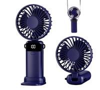 Jumkeet Handheld Fan, Mini Portable Foldable Fan with USB Rechargeable Battery 2600mAh, 5 Speeds Battery Operated Desk Desktop Fan with LED Display & Base for Home Office School Travel Outdoor (Blue)