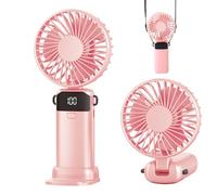 Jumkeet Handheld Fan, Mini Portable Foldable Fan with USB Rechargeable Battery 2600mAh, 5 Speeds Battery Operated Desk Desktop Fan with LED Display & Base for Home Office School Travel Outdoor (Pink)