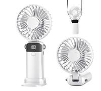 Jumkeet Handheld Fan, Mini Portable Foldable Fan with USB Rechargeable Battery 2600mAh, 5 Speeds Battery Operated Desk Desktop Fan with LED Display & Base for Home Office School Travel Outdoor (White)