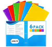 Jumlys 6 Pack 2 Pocket Folders with 3 Holes Punch, Plastic Folder for 3 Ring Binder, Heavy Duty Folders with Pockets for Letter Size Paper, Multicolor Folders for School and Office