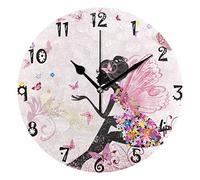 JUMPBEAR 25cm / 10 Inch Diameter Silent Non ticking Round Wall Clock Home Arabic Numerals Flower Fairy Angel Butterfly Design Decorative Creative Clock