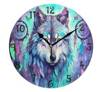JUMPBEAR 25cm / 10 Inch Diameter Silent Non ticking Round Wall Clock Home Arabic Numerals Watercolor Wolf Ethnic Dream Catcher Design Decorative Creative Clock