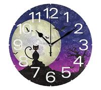 JUMPBEAR 25cm / 10 Inch Diameter Silent Non ticking Round Wall Clock Home White Number Purple Halloween Cat Bat Moon Arabic Numerals Design Decorative Creative Clock