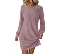 Jumper Dress for Women Elegant Long Sleeve Crew Neck Lace Cut Out Midi Dresses Casual Office Work Knitted Jumpers Dress Loose Tunic Solid Color Pullover Sweater Dresses Purple