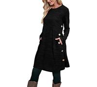 Jumper Dress for Women Ladies Casual Crew Neck Knitted Midi Dress Long Sleeve Dress Button Tunic Dress with Pockets for Party Cocktail Vatican Work Black
