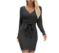 Jumper Dress for Women UK Winter Warm Sweater Dresses Long Sleeve Knitted V Neck Bodycon Dress Autumn Winter Elastic Sweater Dress Wrap Mini Pencil Dress Elegant Knitwear Sale Clearance UK Size 8-14