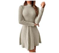 Jumper Dress Women's Autumn High Neck Long Sleeve Knitted Dress with A Line Swinging Pullover Dress Maid of Honor Dress, khaki, XXL