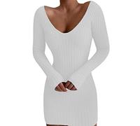 Jumper Dress Women's Bodycon Dress High Elasticity Knitted Dresses V-Neck Long Sleeve Pullover Dress Slim Fit Solid Knitted Dress Winter Mini Dress Sexy Dress Elegant Party Dress, White, M