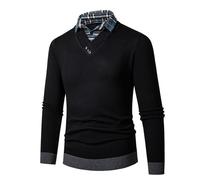 Jumper for Men UK, Fake Two Piece Knitted Jumper, Business Office Work Sweaters with Mock Shirt Collar Insert, Slim Fit Knitwear Autumn Winter Warm Knit Pullover Casual Button Down Tops Black