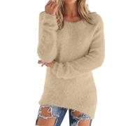 Jumper Women Fluffy Round Neck Lightweight Sweater Fall Winter Outdoor Office Plain Tunic Sweaters Soft Comfortable Long Sleeves Loose Fit Knitted T-Shirt Women's Tops and Blouses Beige