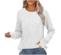 Jumper Womens Tops Kinted Sweatshirt with Thumb Hole Ribbed Striped Sweater Blouse Lightweight Fall Winter Jumpers Long Sleeve Round Neck Sweatshirts Solid Colour Blouses Casual Tshirts White