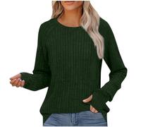 Jumper Womens Tops Kinted Sweatshirt with Thumb Hole Ribbed Striped Sweater Blouse Lightweight Fall Winter Jumpers Long Sleeve Round Neck Sweatshirts Solid Colour Blouses Casual Tshirts Green