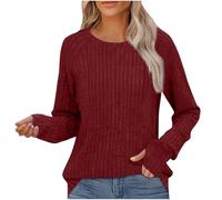 Jumper Womens Tops Kinted Sweatshirt with Thumb Hole Ribbed Striped Sweater Blouse Lightweight Fall Winter Jumpers Long Sleeve Round Neck Sweatshirts Solid Colour Blouses Casual Tshirts Wine