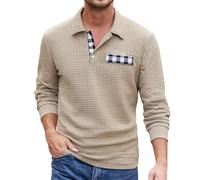 Jumpers for Men UK Waffle Mens Polo Shirts Long Sleeve Sweatshirts Button Up Lapel Men's Jumper Knitwear Patchwork Collar Knitwear Fall Winter Sweater (Khaki, L)