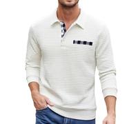 Jumpers for Men UK Waffle Mens Polo Shirts Long Sleeve Sweatshirts Button Up Lapel Men's Jumper Knitwear Patchwork Collar Knitwear Fall Winter Sweater (White, XXL)