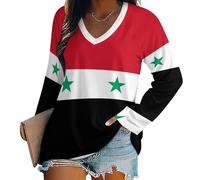 Jumpers for Women Baggy Long Sleeve Pullover Tops 4XL, Syria National Flagv Neck Jumper Comfortable and Breathable, National Flag Elements Long Sleeves T-Shirt for Winter Fall Spring