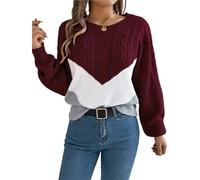 Jumpers for Women Casual Color Block Long Sleeve Tops Crewneck Sweater Knitted Jumper Loose Pullover Sweater(Red,XL)