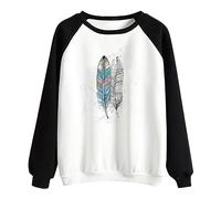 Jumpers for Women Girls Clothes Personalised Gifts for Women Travel Essentials Women's Feather Print Colorblock Casual Fashion Sweatshirt Top (2-Black, M) Outlet Clearance Uk
