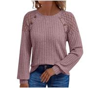 Jumpers for Women Long Sleeve Tops Fall Elegant Jumper for Womens Tunic Pullover Crew Neck Slim Fit Lace Hollow Out Knitted Sweaters Soft Trendy Vacation Outfits Workwear Activewear Pink