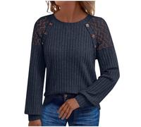 Jumpers for Women Long Sleeve Tops Fall Elegant Jumper for Womens Tunic Pullover Crew Neck Slim Fit Lace Hollow Out Knitted Sweaters Soft Trendy Vacation Outfits Workwear Activewear Navy