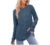 Jumpers for Women Longline Sweater Crew Neck Long Sleeve Tops Lightweight Knit Jumpers Ladies Button Side Splits Tunic Blouses Cosy Pullover Sweatshirt Fashion Autumn Winter Clothes Navy
