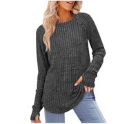 Jumpers for Women Longline Sweater Crew Neck Long Sleeve Tops Lightweight Knit Jumpers Ladies Button Side Splits Tunic Blouses Cosy Pullover Sweatshirt Fashion Autumn Winter Clothes Dark Gray