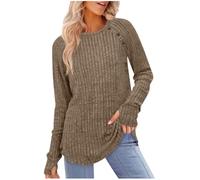 Jumpers for Women Longline Sweater Crew Neck Long Sleeve Tops Lightweight Knit Jumpers Ladies Button Side Splits Tunic Blouses Cosy Pullover Sweatshirt Fashion Autumn Winter Clothes Coffee