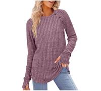 Jumpers for Women Longline Sweater Crew Neck Long Sleeve Tops Lightweight Knit Jumpers Ladies Button Side Splits Tunic Blouses Cosy Pullover Sweatshirt Fashion Autumn Winter Clothes Purple