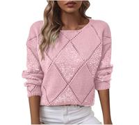 Jumpers for Women Sequin Embellished Knit Crew Neck Sweaters Casual Classic Plain Pullover Hollow Out Long Sleeve Tops Womens Knit Jumpers Crop Top Dressy Office Workwear Daily Wear Sweater Pink