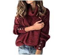 Jumpers for Women Tops Long Sweater Pullover Loose Women Sleeve Button Knitted Turtleneck Sweater Cold Shoulder Jumpers for Women UK Sales Holiday Essentials Long Sleeve Christmas Knit Sweater