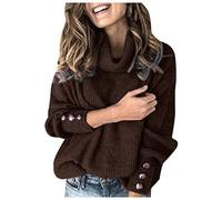 Jumpers for Women Tops Long Sweater Pullover Loose Women Sleeve Button Knitted Turtleneck Sweater Cold Shoulder Jumpers for Women UK Sales Holiday Essentials Long Sleeve Christmas Knit Sweater