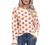 Jumpers for Women UK 2024 Clearance,Ladies Ribbed Knit Top Maple Leaf Print Sweater Crew Neck Pullover Tops Ladies Long Sleeve Tunic Blouse Autumn Winter Clothes Plain Jumper Plus Size Beige