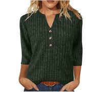 Jumpers for Women UK 3/4 Sleeve Tops Women's Knitted Jumpers Casual Solid Plain Knit Sweaters Fashion Knitwear Button V-Neck Pullover Tops Basic Lightweight Tunic Green