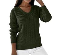 Jumpers for Women UK Cable Knitted Long Sleeve Pullover Sweaters Plain Loose Tunics Tops V Neck Jumpers Knitted Sweater Solid Color Casual Sweatshirt Ladies Elegant Knitwear Army Green