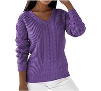 Jumpers for Women UK Cable Knitted Long Sleeve Pullover Sweaters Plain Loose Tunics Tops V Neck Jumpers Knitted Sweater Solid Color Casual Sweatshirt Ladies Elegant Knitwear Purple